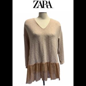 ZARA dusty rose peach V-neck long sleeve sweater lace trim Sz M